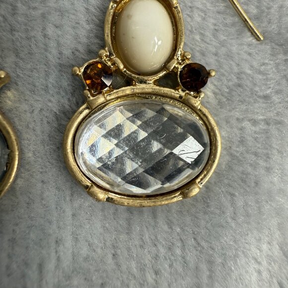 Gold-Tone Dangle Earrings With Faceted Clear & Cream Stones Pierced Womens - Picture 12 of 13